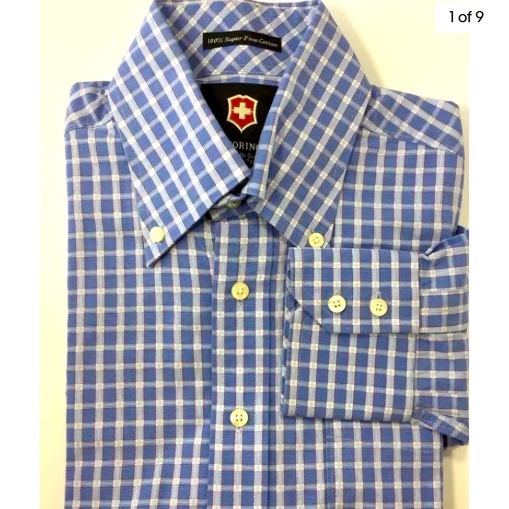 Victorinox Men Long Sleeve Dress Shirt Blue Check Small Cotton